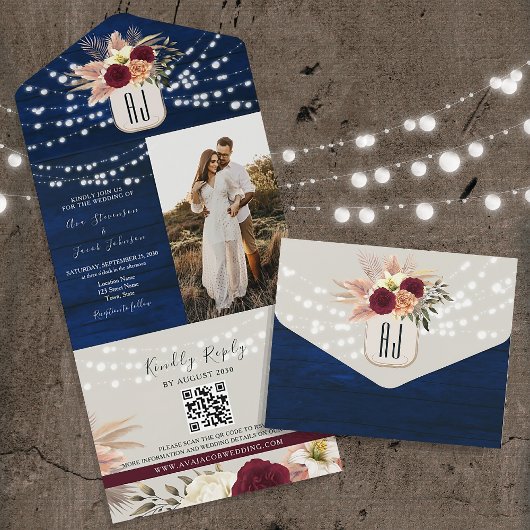 Rustic Navy QR Code All-in-One Uitnodiging
