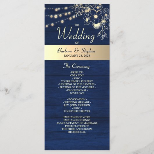 Rustic Navy String Lights Trouwprogramma Programmakaart (Voorkant)