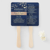 Rustic Navy String Lights Wedding Hand Fan Handwaaier (Voorkant en achterkant)