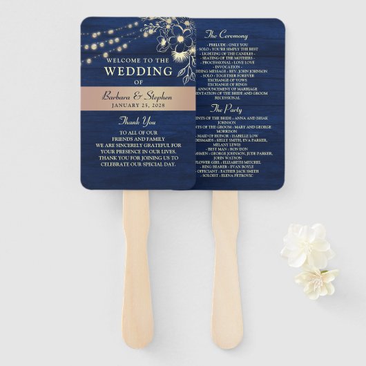 Rustic Navy String Lights Wedding Hand Fan Handwaaier (Voorkant en achterkant)