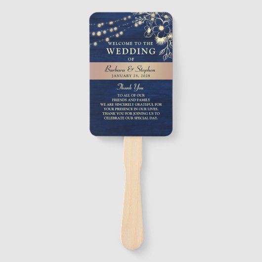 Rustic Navy String Lights Wedding Hand Fan Handwaaier (Voorkant)