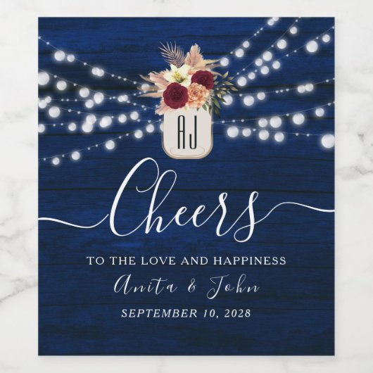 Rustic Navy String Lights Wedding Wine Label Wijn Etiket (Enkel label)