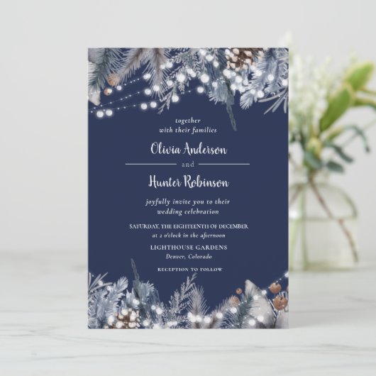 Rustic Navy String Lights Winter Wedding Invitatio Kaart (Staand voorkant)