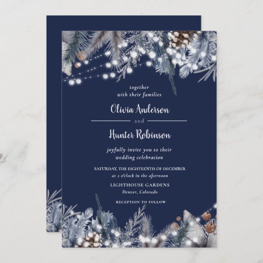 Rustic Navy String Lights Winter Wedding Invitatio Kaart (Voorkant / Achterkant)