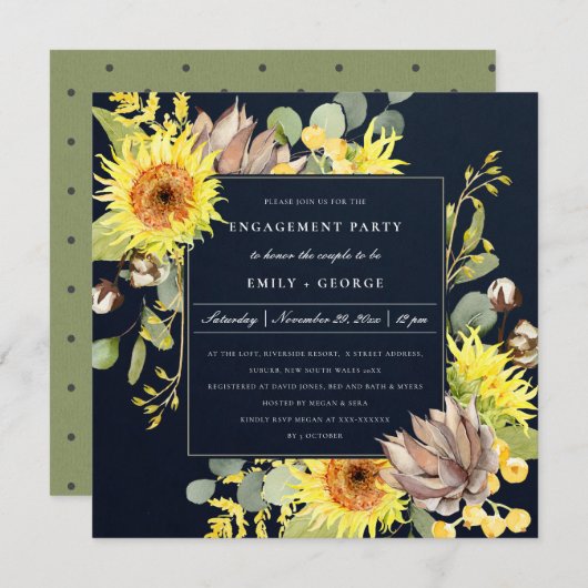 RUSTIC NAVY SUNFLOWER EUCALYPTUS FLORAL VERLOVING KAART (Voorkant / Achterkant)