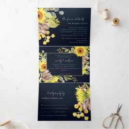 RUSTIC NAVY SUNFLOWER EUCALYPTUS FLORAL WEDING DRIELUIK UITNODIGING
