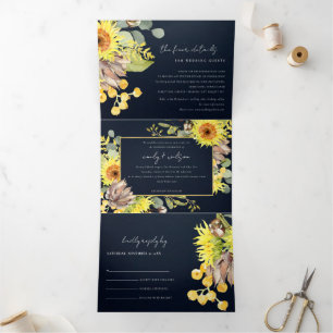 RUSTIC NAVY SUNFLOWER EUCALYPTUS FLORAL WEDING DRIELUIK UITNODIGING