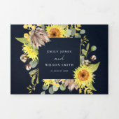 RUSTIC NAVY SUNFLOWER EUCALYPTUS FLORAL WEDING DRIELUIK UITNODIGING (Cover)