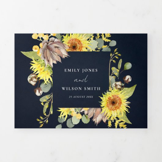 RUSTIC NAVY SUNFLOWER EUCALYPTUS FLORAL WEDING DRIELUIK UITNODIGING (Cover)