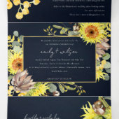 RUSTIC NAVY SUNFLOWER EUCALYPTUS FLORAL WEDING DRIELUIK UITNODIGING (Binnenkant midden)