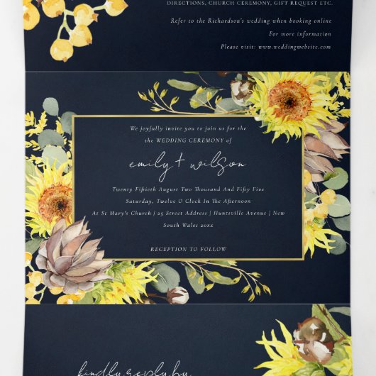 RUSTIC NAVY SUNFLOWER EUCALYPTUS FLORAL WEDING DRIELUIK UITNODIGING (Binnenkant midden)