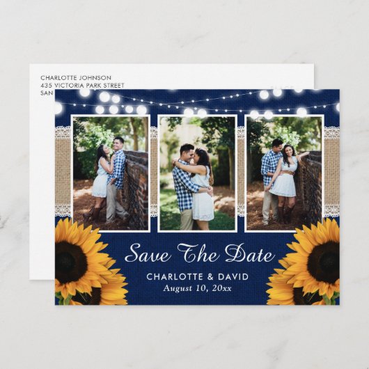 Rustic Navy Sunflower Save the Date Photo Briefkaa Aankondigingskaart (Voorkant / Achterkant)