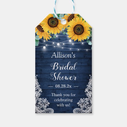 Rustic Navy Sunflower String Lights Vrijgezellenfe Cadeaulabel (Voorkant)