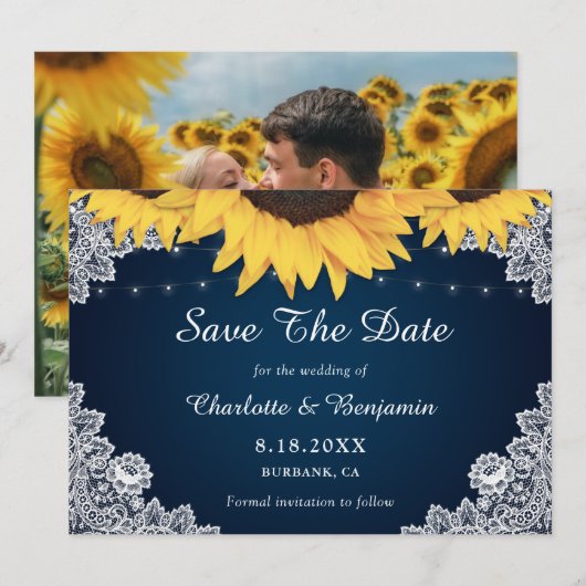 Rustic Navy Sunflower Wedding Photo Save the Date (Voorkant / Achterkant)