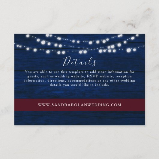 Rustic Navy Wedding Details Kaart Lights (Voorkant)
