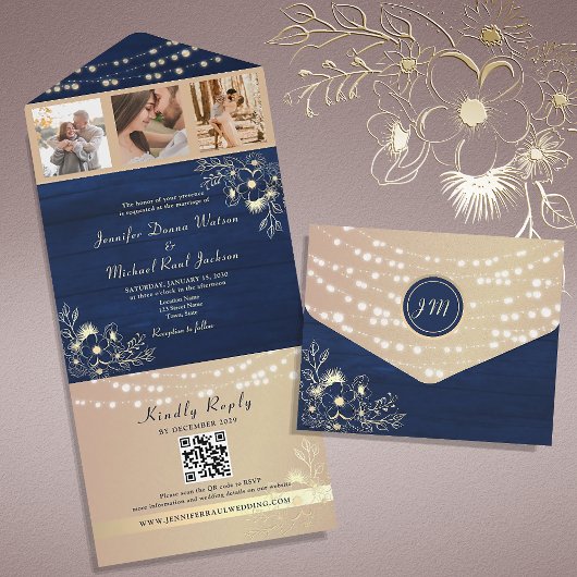 Rustic Navy Wedding QR Code Uitnodiging