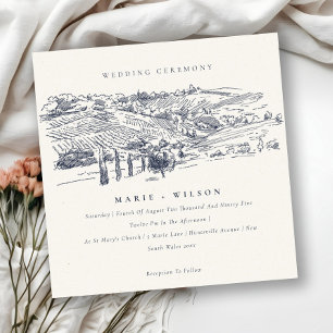Rustic Navy Winery Mountain Sketch Wedding Invite Bedankkaart