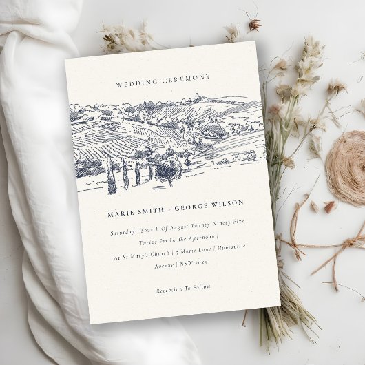 Rustic Navy Winery Mountain Sketch Wedding Invite Bedankkaart
