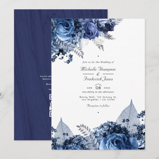 Rustic Navy & Wit met Zilveren QR Code Bruiloft Kaart (Voorkant / Achterkant)