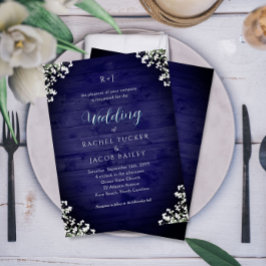 Rustic Navy Wood Baby's Breath Floral Wedding Kaart