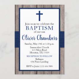 Rustic Navy & Wood Boy Baptisme Kaart