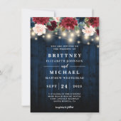 Rustic Navy Wood Floral String Lights Wedding Kaart (Voorkant)