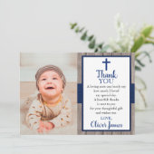 Rustic Navy & Wood Foto Baptisme Hartelijk dank Kaart (Staand voorkant)