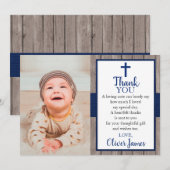Rustic Navy & Wood Foto Baptisme Hartelijk dank Kaart (Voorkant / Achterkant)