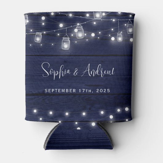 Rustic Navy Wood Mason Jars Lights Wedding Blikjeskoeler (Voorkant)
