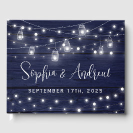 Rustic Navy Wood Mason Jars Lights Wedding Gastenboek