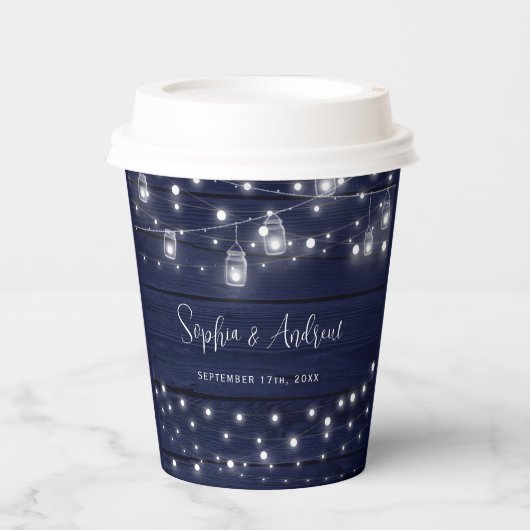 Rustic Navy Wood Mason Jars Lights Wedding Papieren Bekers (Voorkant)