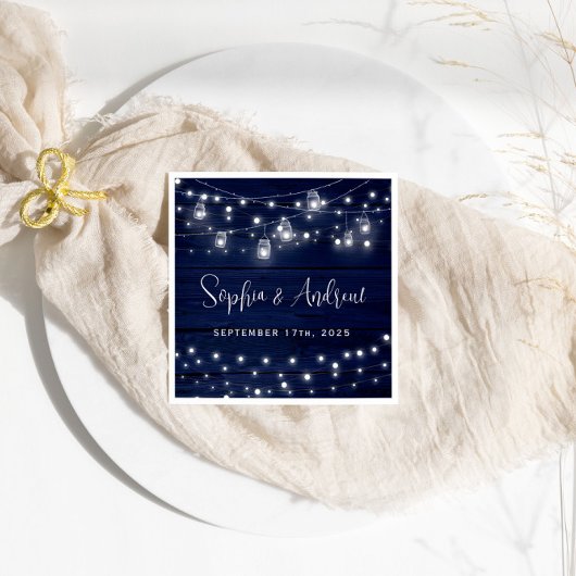 Rustic Navy Wood Mason Jars Lights Wedding Servet