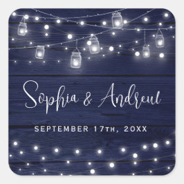Rustic Navy Wood Mason Jars Lights Wedding Vierkante Sticker