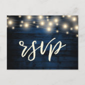 Rustic Navy Wood String Lights RSVP Uitnodiging Briefkaart (Voorkant)