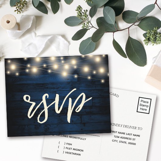 Rustic Navy Wood String Lights RSVP Uitnodiging Briefkaart