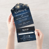 Rustic Navy Wood String Lights Wedding All In One Uitnodiging (Afscheurbaar)