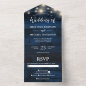 Rustic Navy Wood String Lights Wedding All In One Uitnodiging (Binnen)