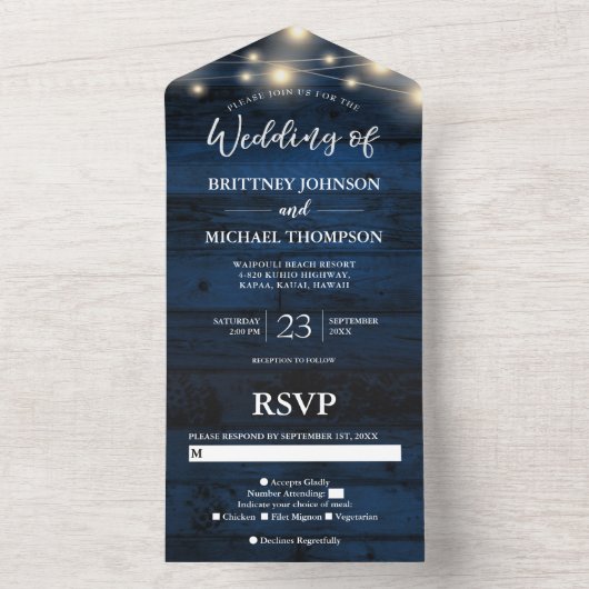Rustic Navy Wood String Lights Wedding All In One Uitnodiging (Binnen)