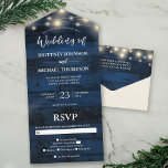 Rustic Navy Wood String Lights Wedding All In One Uitnodiging<br><div class="desc">Deze budgetvriendelijke Rustic Navy Wood String Light Wedding-uitnodigingen zijn ontworpen met een gemakkelijk te verwijderen geperforeerd RSVP-briefkaart. Schuif gewoon elke kaart in de aangegeven vorm,  en verzegel en verzend - geen envelop nodig voor de verzending.</div>