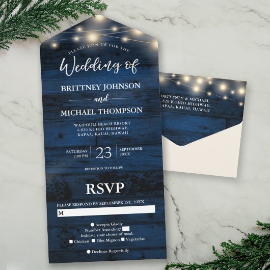 Rustic Navy Wood String Lights Wedding All In One Uitnodiging