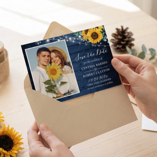 Rustic Navy Wood Sunflower String Lights Save The Date