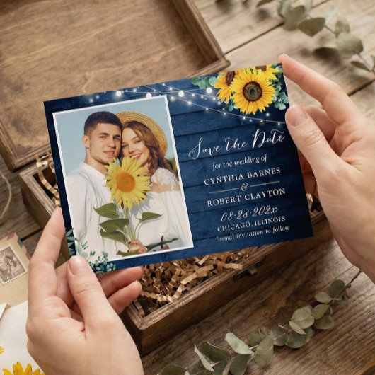 Rustic Navy Wood Sunflower String Lights Save The Date