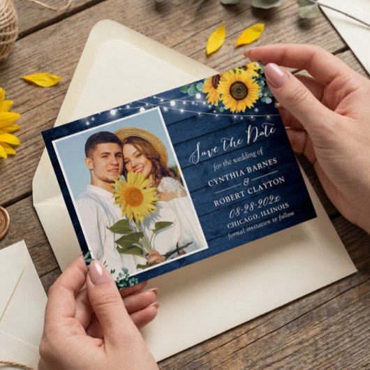 Rustic Navy Wood Sunflower String Lights Save The Date