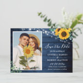 Rustic Navy Wood Sunflower String Lights Save The Date (Staand voorkant)