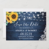 Rustic Navy Wood Sunflower String Lights Wedding Save The Date (Voorkant)