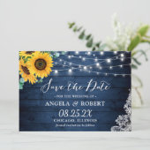 Rustic Navy Wood Sunflower String Lights Wedding Save The Date (Staand voorkant)