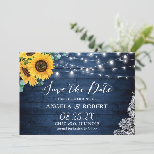 Rustic Navy Wood Sunflower String Lights Wedding Save The Date (Staand voorkant)