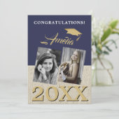 Rustic Navyblauw Afstuderen 2 Foto Afstudeercadeau Kaart (Staand voorkant)