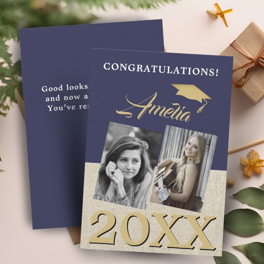 Rustic Navyblauw Afstuderen 2 Foto Afstudeercadeau Kaart