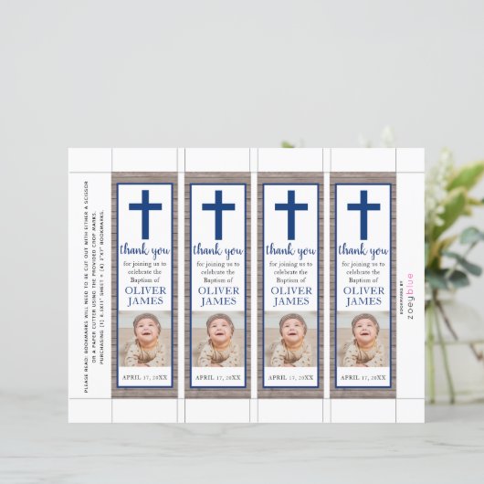 Rustic Navyblauw Jongens Doop Foto Boekmerk (Staand voorkant)